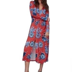 𝅺ZARA Womens Printed Midi Shirt Dress Red Blue Floral Long Sleeve Sz S